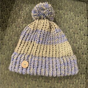*NEW* Cozy hand Knit Pom-Pom Beanie- Adult XL  - sage green & dusty blue